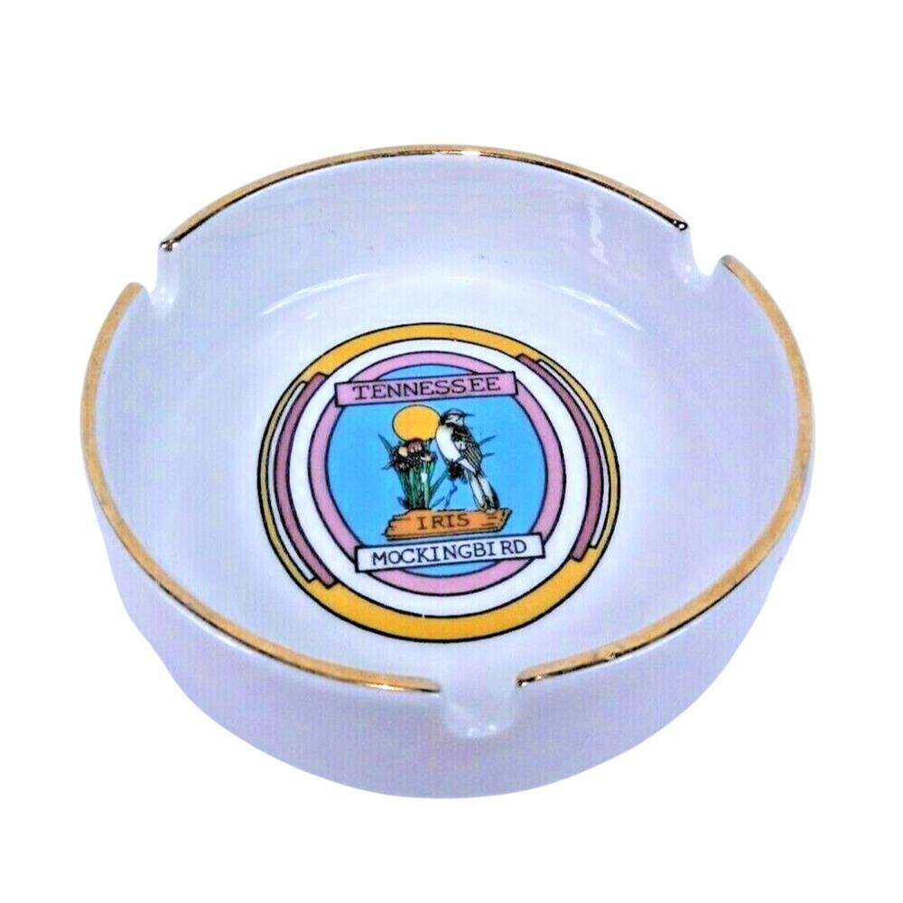 Vintage Tennessee Souvenir Ashtray Round Mockingbird Iris with Gold Trim